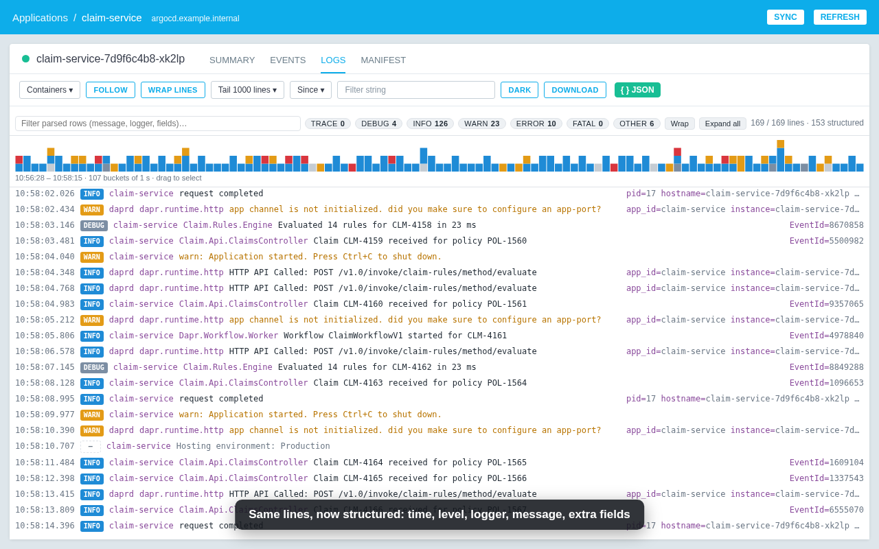 Argo CD Logs tab with the extension: structured rows