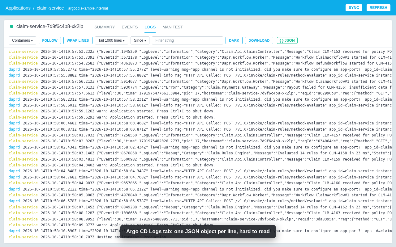Argo CD Logs tab before: raw JSON lines