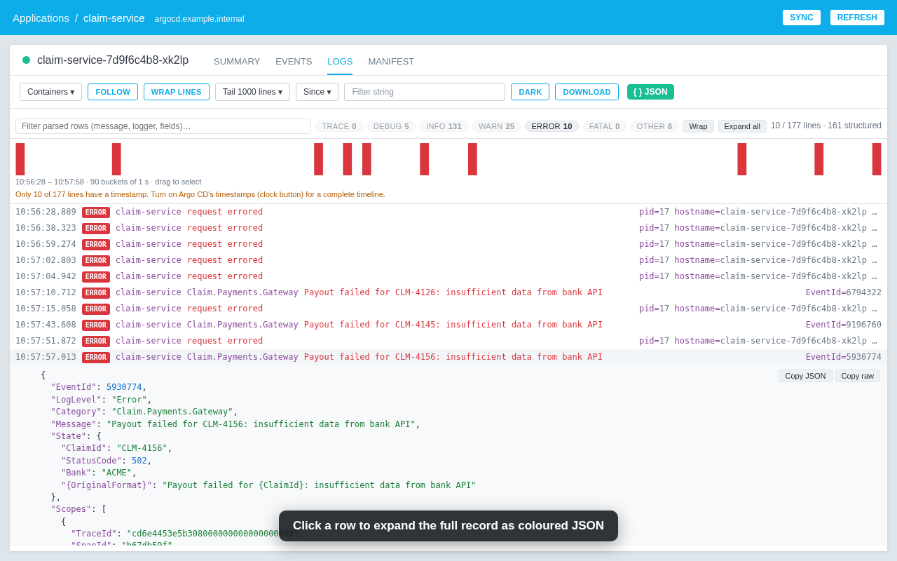 Only error rows shown, one expanded as coloured JSON