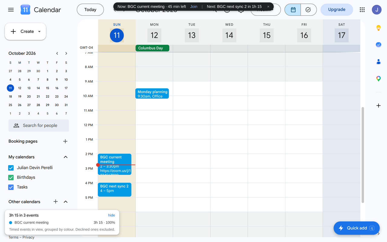 Calendar grid with working-hours shading, now bar and totals