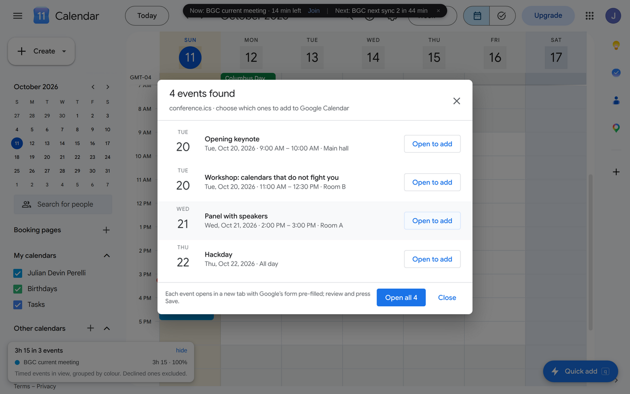 Drop overlay when dragging an .ics file over Google Calendar