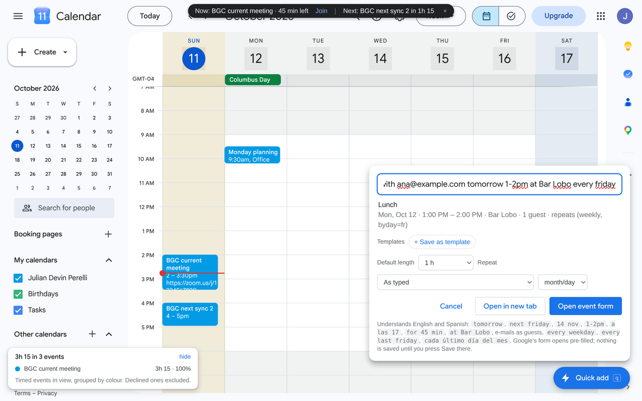Quick add panel with a parsed event preview